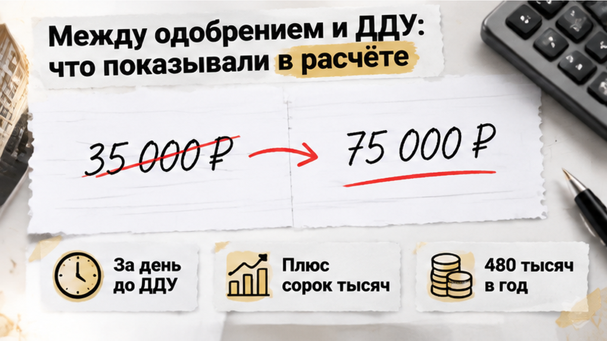реалистичный кадр (без лица хоста) к разделу «Между одобрением и ДДУ: что показывали в расчёте» в Тюмени — иллюстрация к кейсу о сделке.