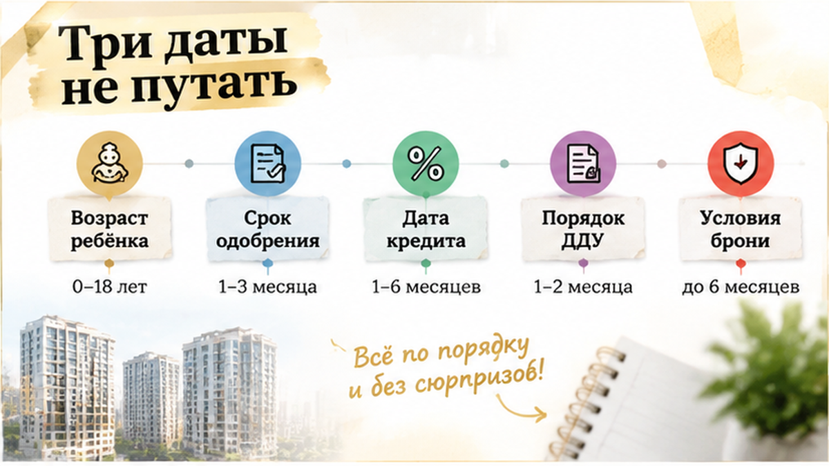 график / шкала сроков по новостройке в Тюмени: Возраст ребёнка, Срок одобрения, Дата кредита — иллюстрация к разбору сделки.
