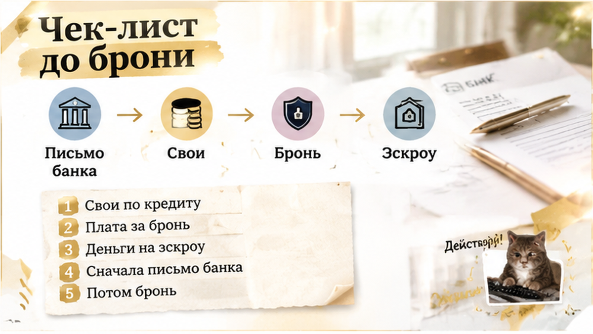 схема устройства механизма по новостройке в Тюмени: Свои по кредиту, Плата за бронь, Деньги на эскроу — иллюстрация к разбору сделки.