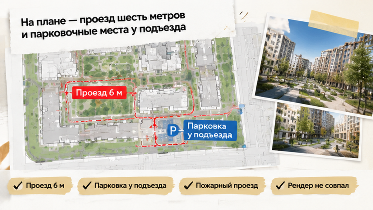 реалистичный кадр (без лица хоста) к разделу «На плане — проезд шесть метров и парковочные ме…» в Тюмени — иллюстрация к кейсу о сделке.