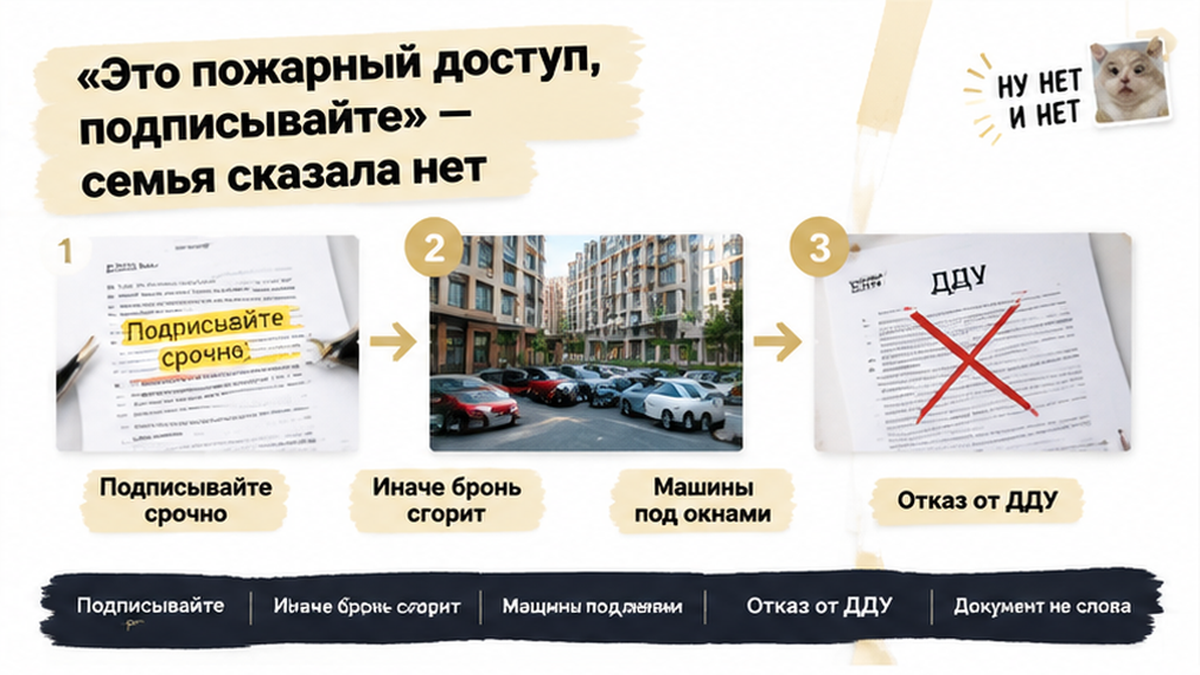 нумерованный процесс / таймлайн по новостройке в Тюмени: Подписывайте срочно, Иначе бронь сгорит, Машины под окнами — иллюстрация к…