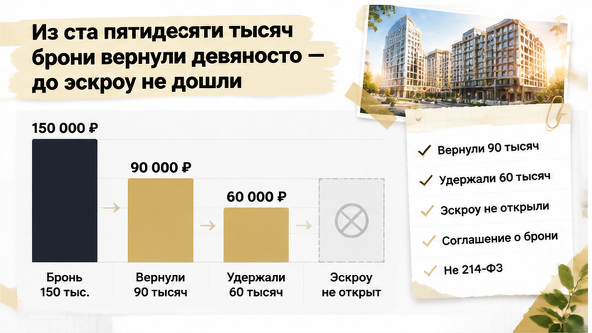 график / шкала сроков по новостройке в Тюмени: Вернули 90 тысяч, Удержали 60 тысяч, Эскроу не открыли — иллюстрация к разбору сделки.
