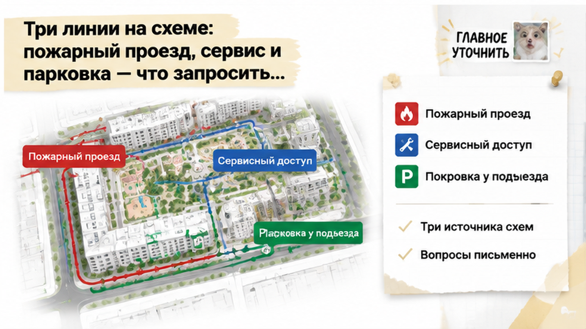 схема устройства механизма по новостройке в Тюмени: Пожарный проезд, Сервисный доступ, Парковка у подъезда — иллюстрация к разбору сделки.