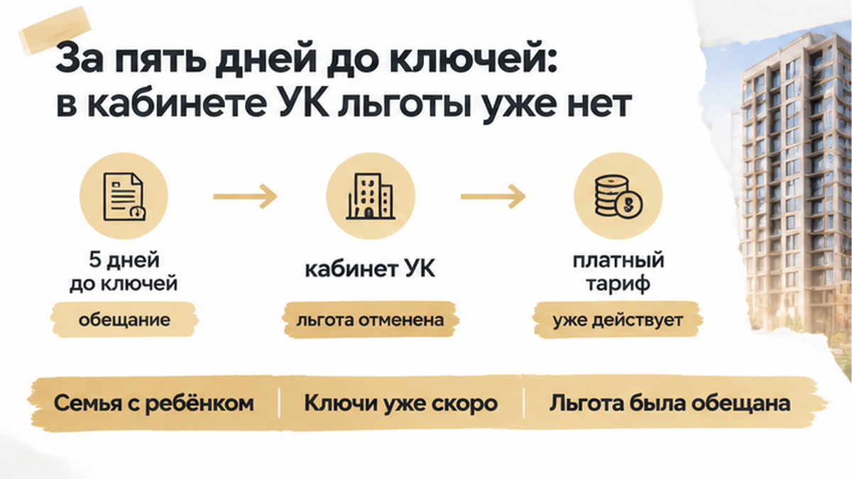 график / шкала сроков по новостройке в Тюмени: Семья с ребёнком, Ключи уже скоро, Льгота была обещана — иллюстрация к разбору сделки.