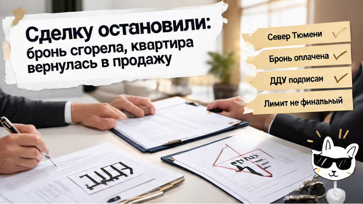 реалистичный кадр (без лица хоста) к разделу «Сделку остановили: бронь сгорела, квартира верн…» в Тюмени — иллюстрация к кейсу о сделке.