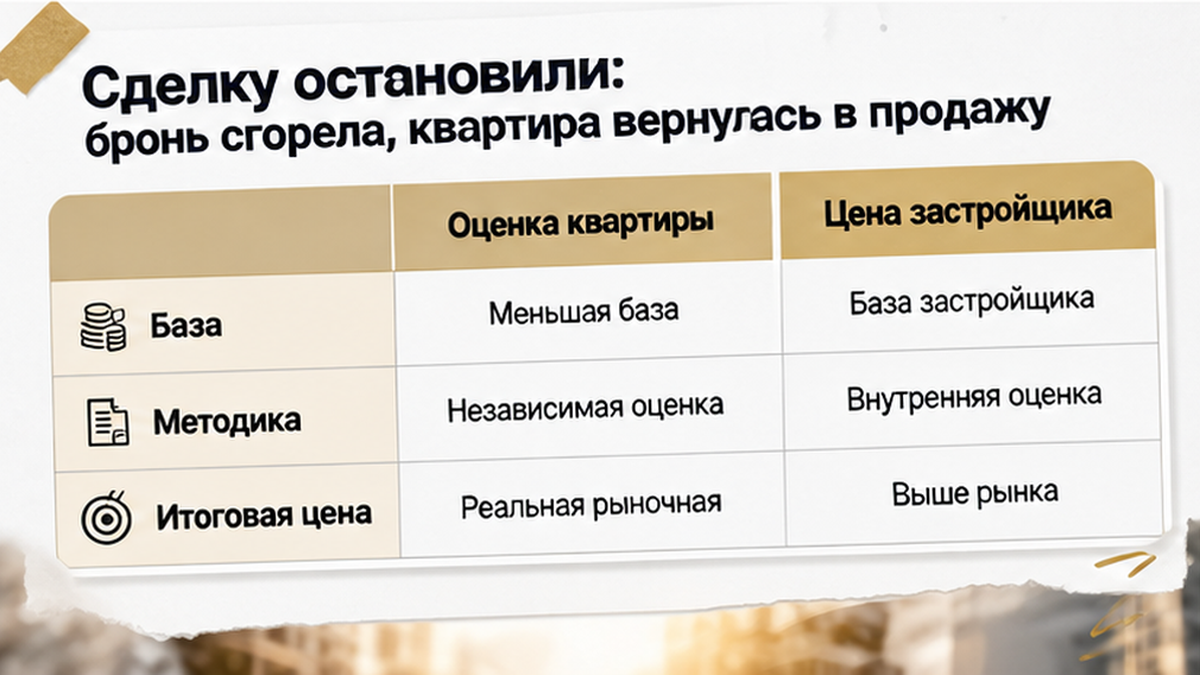 сравнительная таблица с колонками по новостройке в Тюмени: Оценка квартиры, Цена застройщика, Меньшая база — иллюстрация к разбору сделки.
