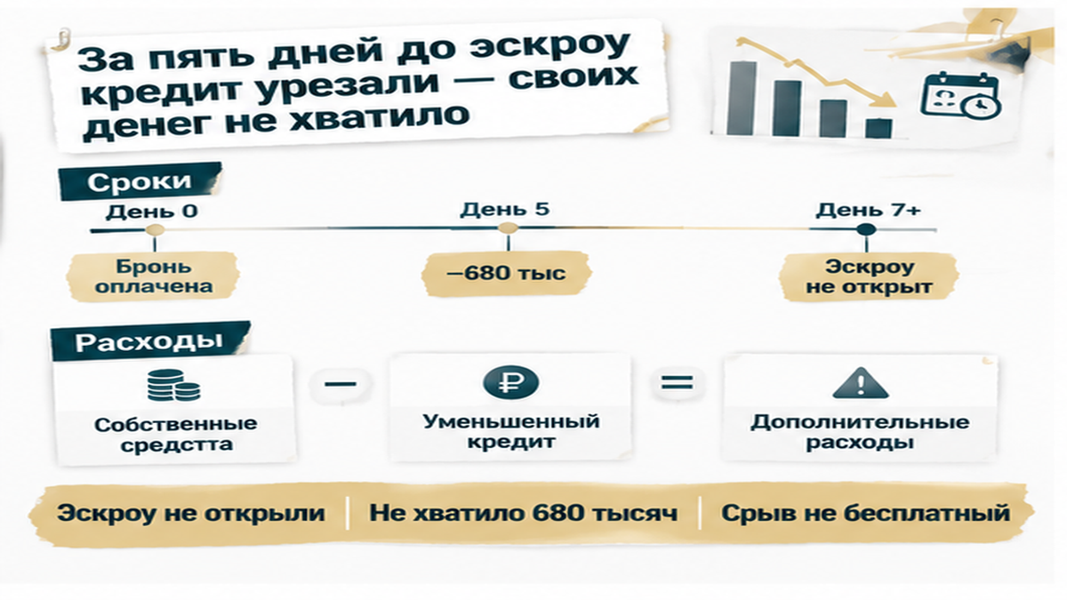 график / шкала сроков по новостройке в Тюмени: Эскроу не открыли, Не хватило 680 тысяч, Срыв не бесплатный — иллюстрация к разбору сделки.