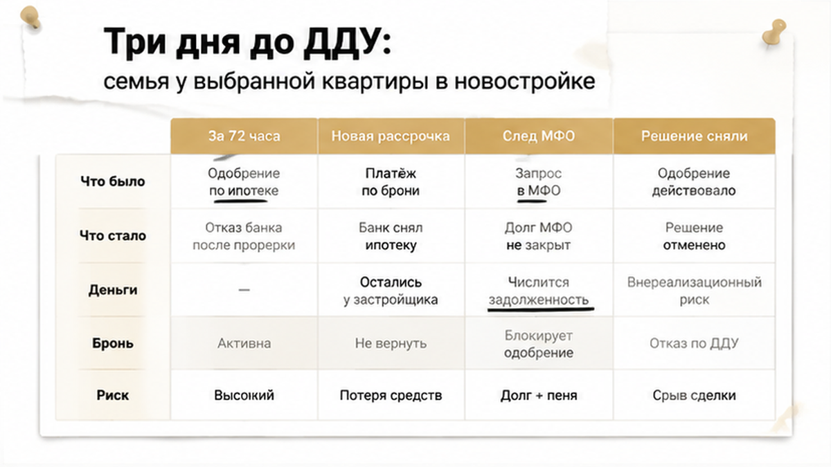 сравнительная таблица с колонками по новостройке в Тюмени: За 72 часа, Новая рассрочка, След МФО — иллюстрация к разбору сделки.