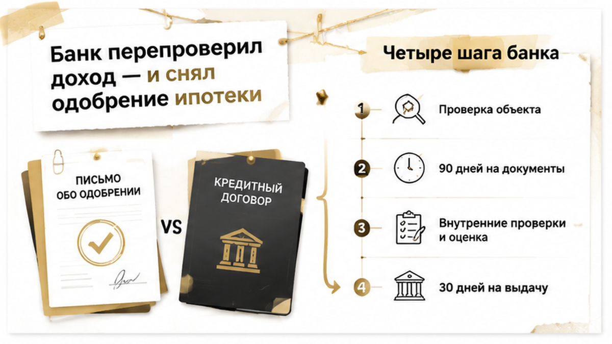 реалистичный кадр (без лица хоста) к разделу «Банк перепроверил доход — и снял одобрение ипот…» в Тюмени — иллюстрация к кейсу о сделке.