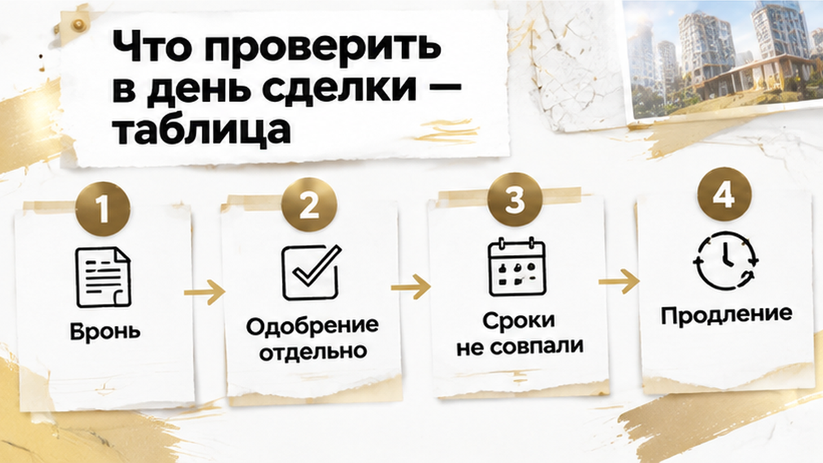 нумерованный процесс / таймлайн по новостройке в Тюмени: Бронь, Одобрение отдельно, Сроки не совпали — иллюстрация к разбору сделки.