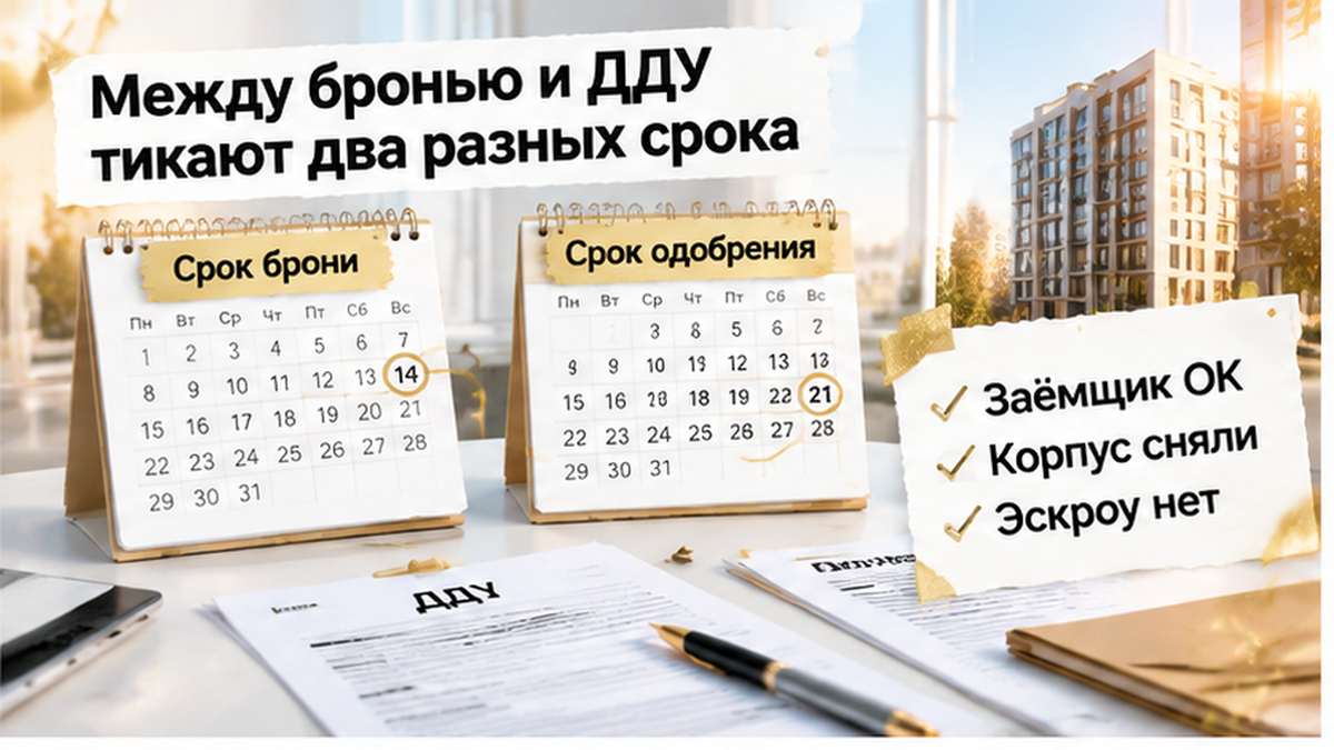 реалистичный кадр (без лица хоста) к разделу «Между бронью и ДДУ тикают два разных срока» в Тюмени — иллюстрация к кейсу о сделке.