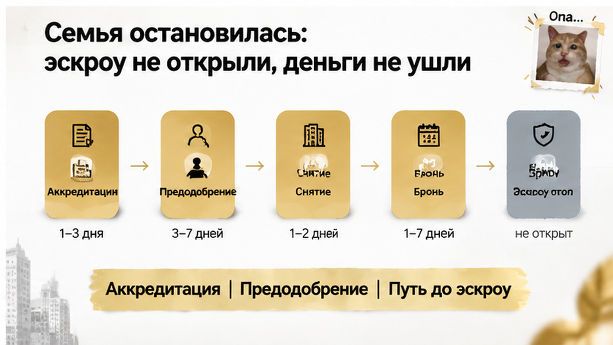 график / шкала сроков по новостройке в Тюмени: Аккредитация, Предодобрение, Путь до эскроу — иллюстрация к разбору сделки.