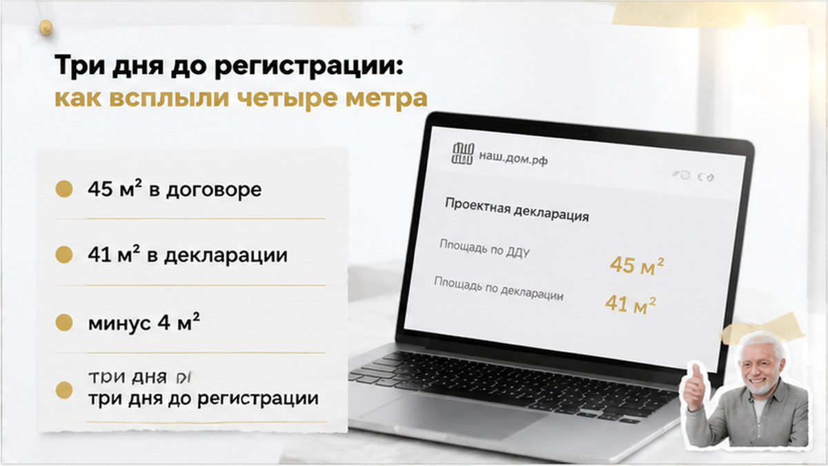 реалистичный кадр (без лица хоста) к разделу «Три дня до регистрации: как всплыли четыре метра» в Тюмени — иллюстрация к кейсу о сделке.