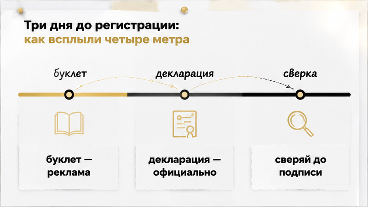 график / шкала сроков по новостройке в Тюмени: буклет — реклама, декларация — официально, сверяй до подписи — иллюстрация к разбору сделки.