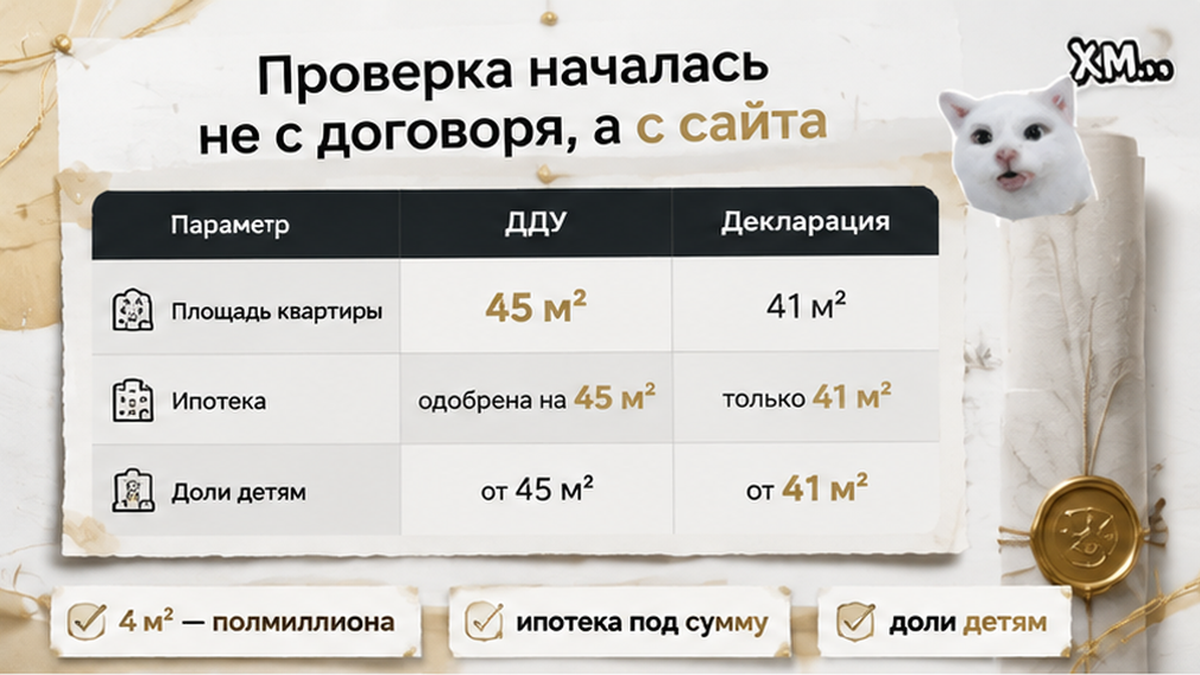 сравнительная таблица с колонками по новостройке в Тюмени: 4 м² — полмиллиона, ипотека под сумму, доли детям — иллюстрация к разбору сделки.