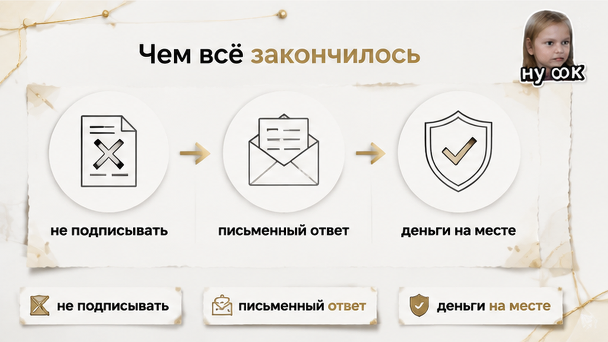 схема устройства механизма по новостройке в Тюмени: не подписывать, письменный ответ, деньги на месте — иллюстрация к разбору сделки.