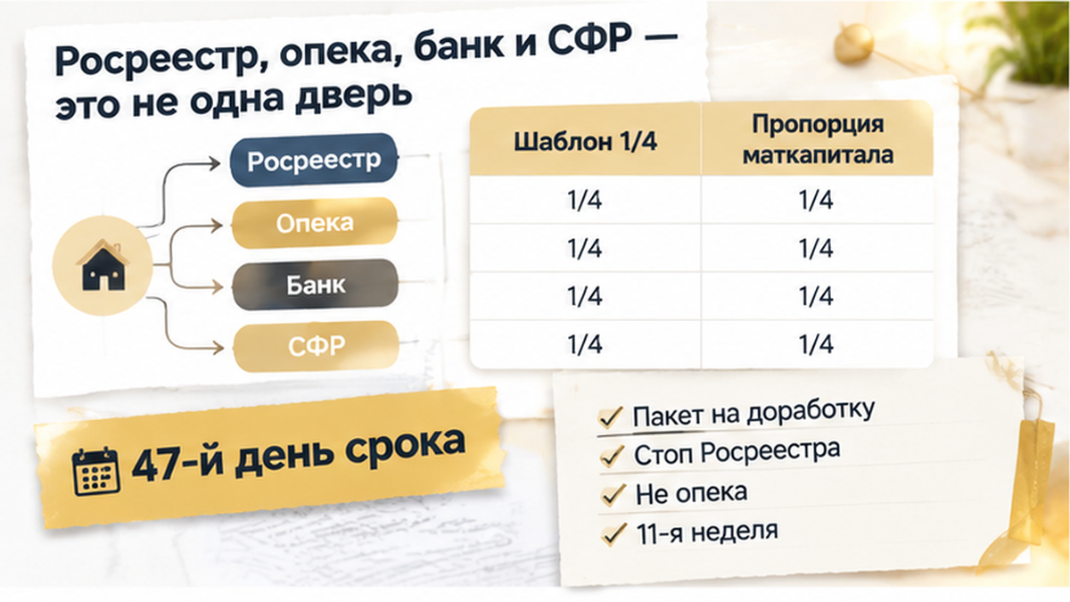 схема устройства механизма по новостройке в Тюмени: 47-й день срока, Пакет на доработку, Стоп Росреестра — иллюстрация к разбору сделки.