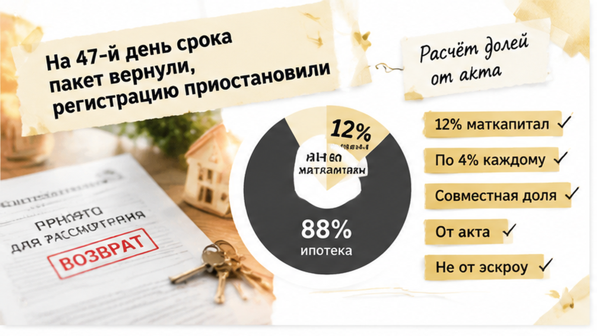 реалистичный кадр (без лица хоста) к разделу «На 47-й день срока пакет вернули, регистрацию п…» в Тюмени — иллюстрация к кейсу о сделке.