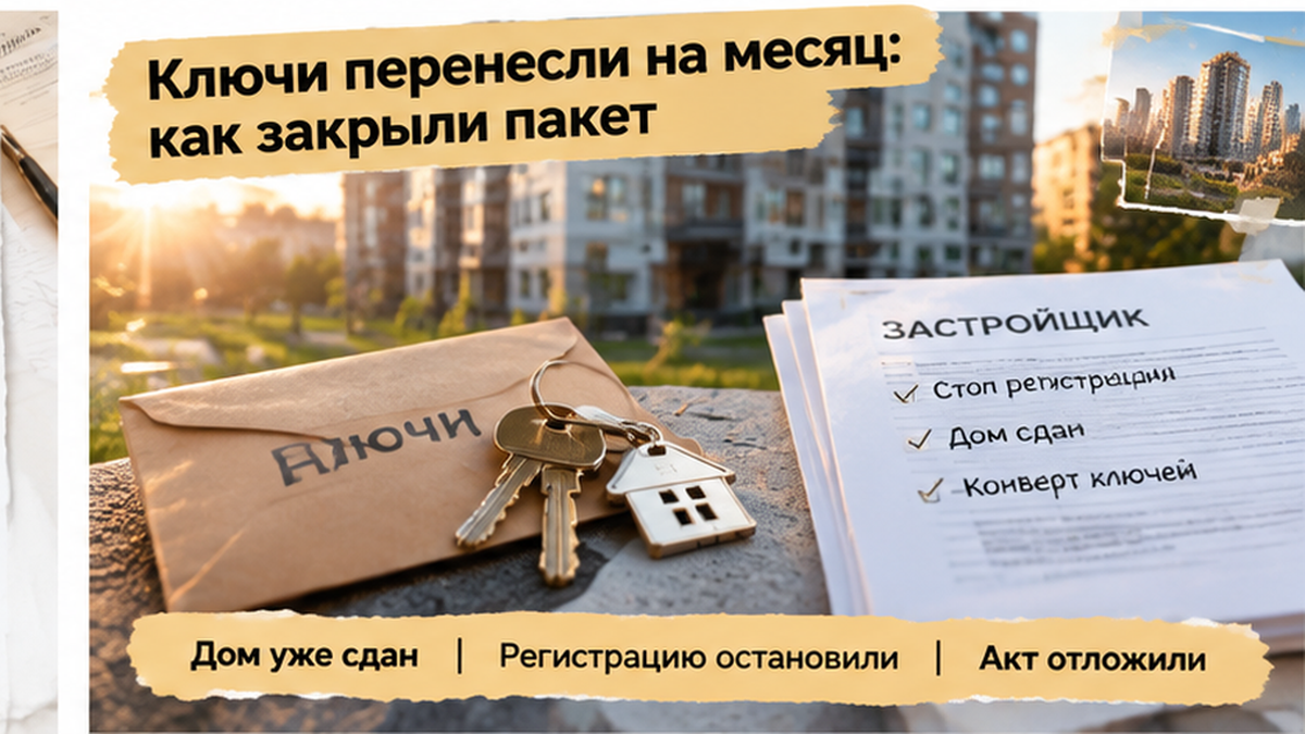 реалистичный кадр (без лица хоста) к разделу «Ключи перенесли на месяц: как закрыли пакет» в Тюмени — иллюстрация к кейсу о сделке.