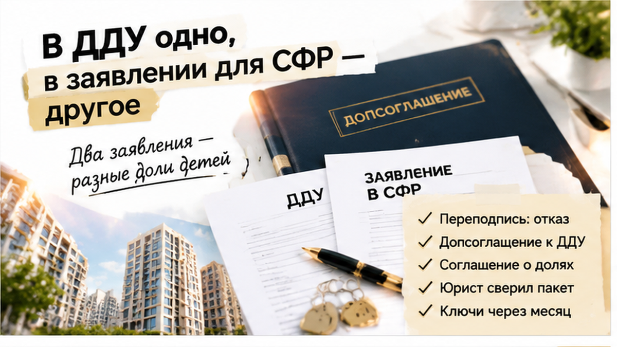 реалистичный кадр (без лица хоста) к разделу «В ДДУ одно, в заявлении для СФР — другое» в Тюмени — иллюстрация к кейсу о сделке.