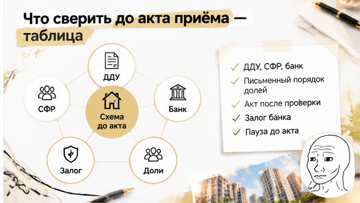 схема устройства механизма по новостройке в Тюмени: ДДУ, СФР, банк, Письменный порядок долей, Акт после проверки — иллюстрация к разбору…