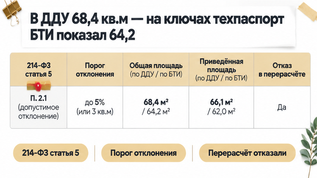 сравнительная таблица с колонками по новостройке в Тюмени: 214-ФЗ статья 5, Порог отклонения, Перерасчёт отказали — иллюстрация к разбору…