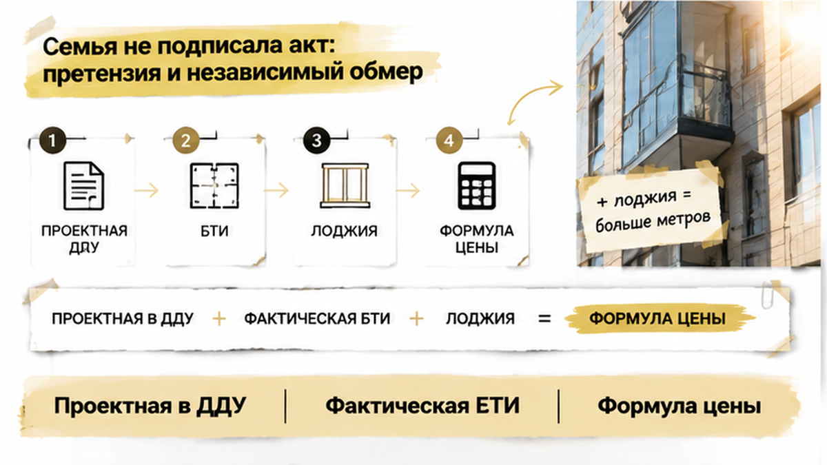 нумерованный процесс / таймлайн по новостройке в Тюмени: Акт осмотра, Претензия письмом, Независимый обмер — иллюстрация к разбору сделки.