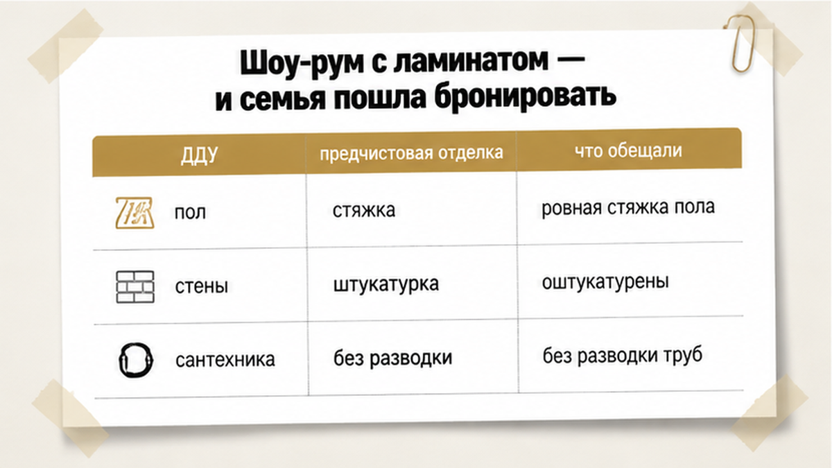 сравнительная таблица с колонками по новостройке в Тюмени: ДДУ, предчистовая отделка, что обещали — иллюстрация к разбору сделки.