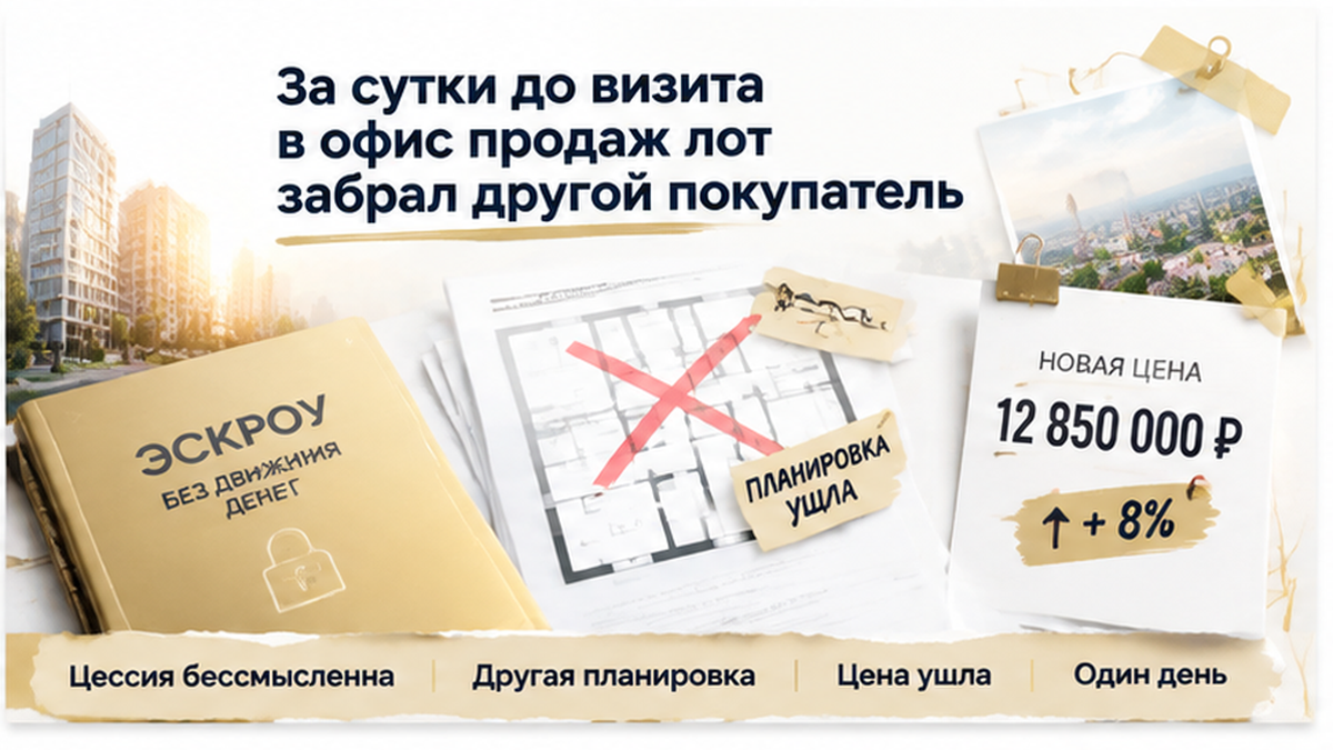 реалистичный кадр (без лица хоста) к разделу «За сутки до визита в офис продаж лот забрал дру…» в Тюмени — иллюстрация к кейсу о сделке.