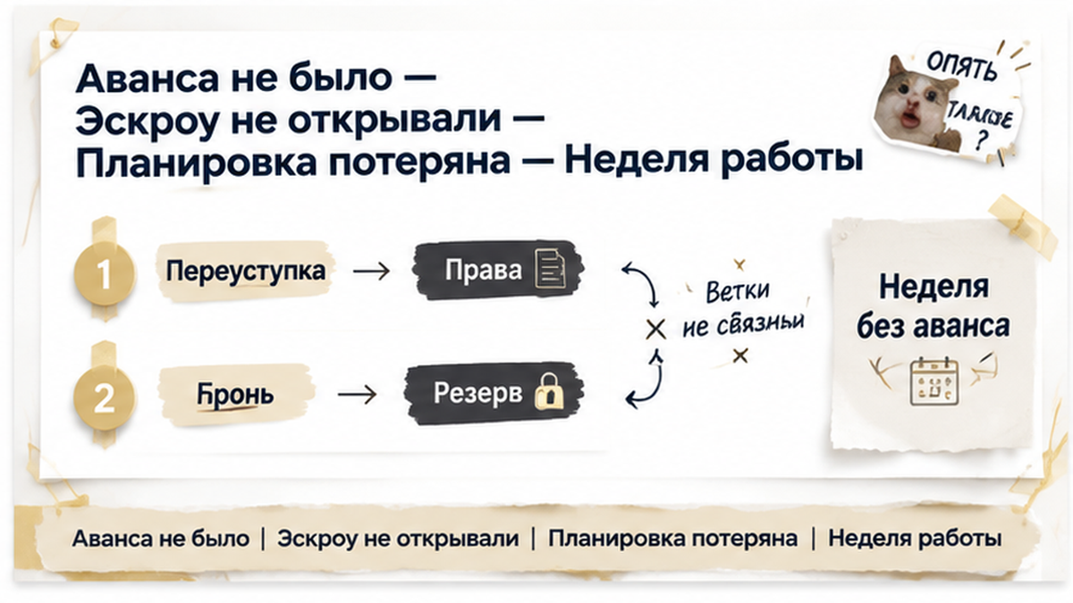 нумерованный процесс / таймлайн по новостройке в Тюмени: Аванса не было, Эскроу не открывали, Планировка потеряна — иллюстрация к разбору…