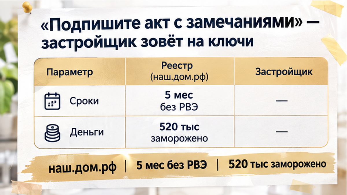 сравнительная таблица с колонками по новостройке в Тюмени: наш.дом.рф, 5 мес без РВЭ, 520 тыс заморожено — иллюстрация к разбору сделки.