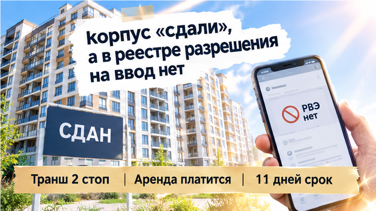 реалистичный кадр (без лица хоста) к разделу «Корпус «сдали», а в реестре разрешения на ввод…» в Тюмени — иллюстрация к кейсу о сделке.
