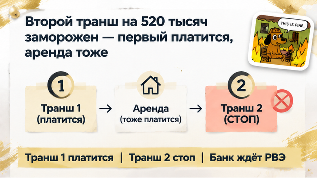 нумерованный процесс / таймлайн по новостройке в Тюмени: Транш 1 платится, Транш 2 стоп, Банк ждёт РВЭ — иллюстрация к разбору сделки.