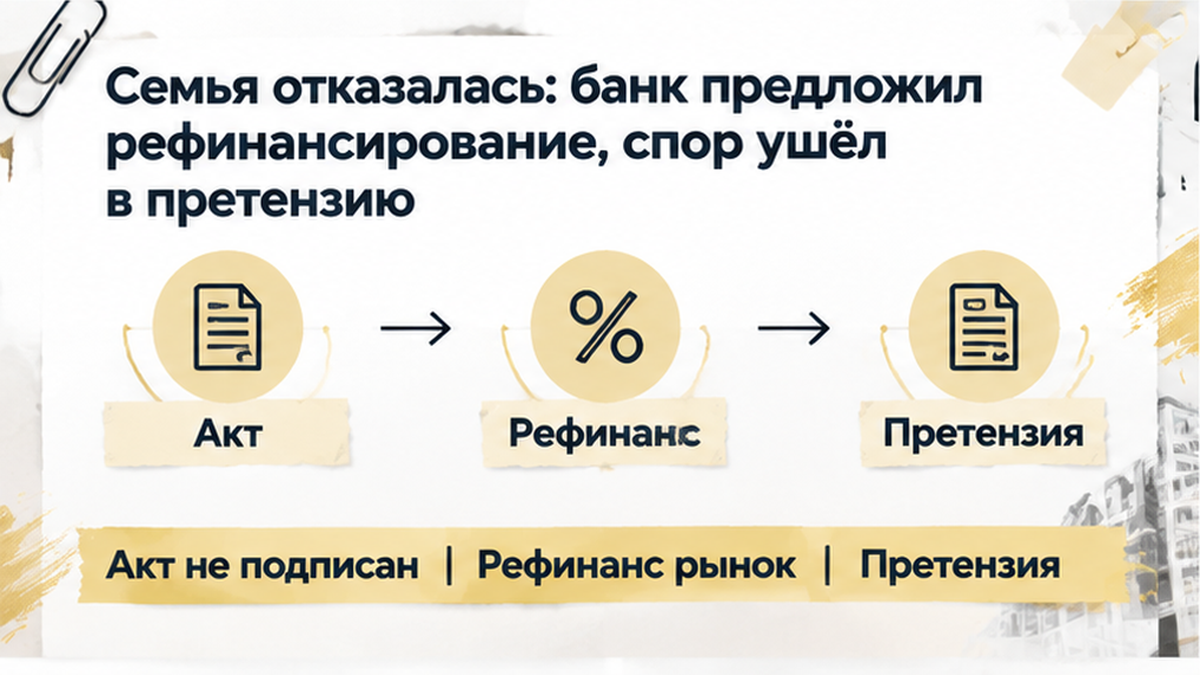 схема устройства механизма по новостройке в Тюмени: Акт не подписан, Рефинанс рынок, Претензия — иллюстрация к разбору сделки.