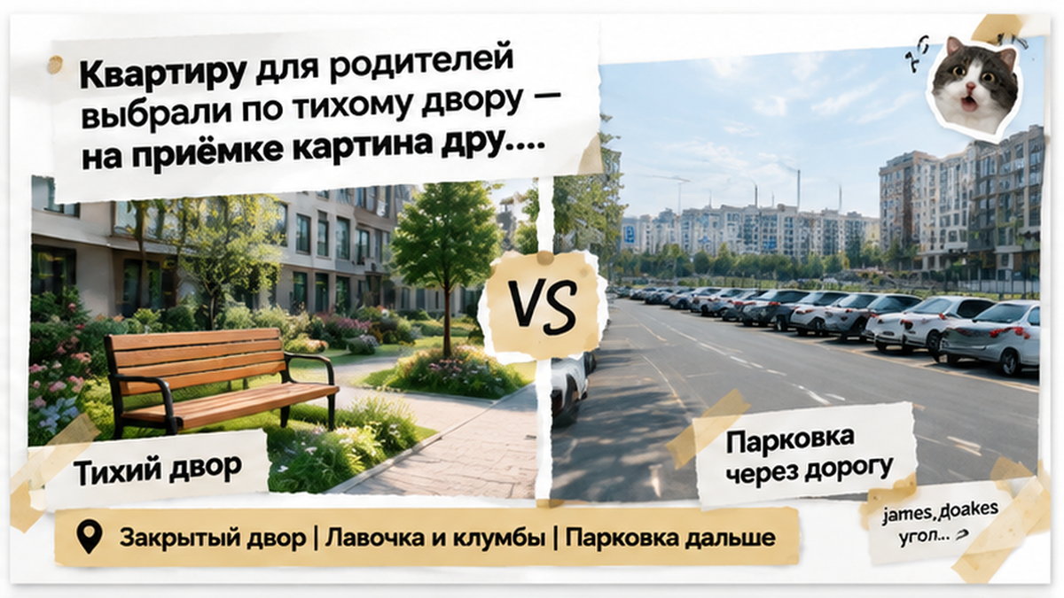реалистичный кадр (без лица хоста) к разделу «Квартиру для родителей выбрали по тихому двору…» в Тюмени — иллюстрация к кейсу о сделке.