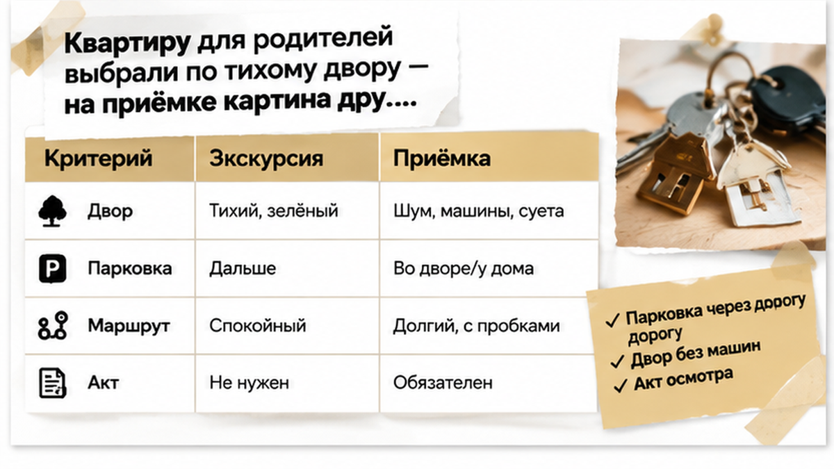 сравнительная таблица с колонками по новостройке в Тюмени: Парковка через дорогу, Двор без машин, Акт осмотра — иллюстрация к разбору сделки