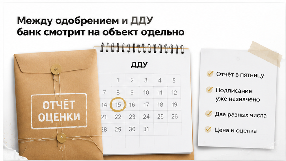 реалистичный кадр (без лица хоста) к разделу «Между одобрением и ДДУ банк смотрит на объект о…» в Тюмени — иллюстрация к кейсу о сделке.