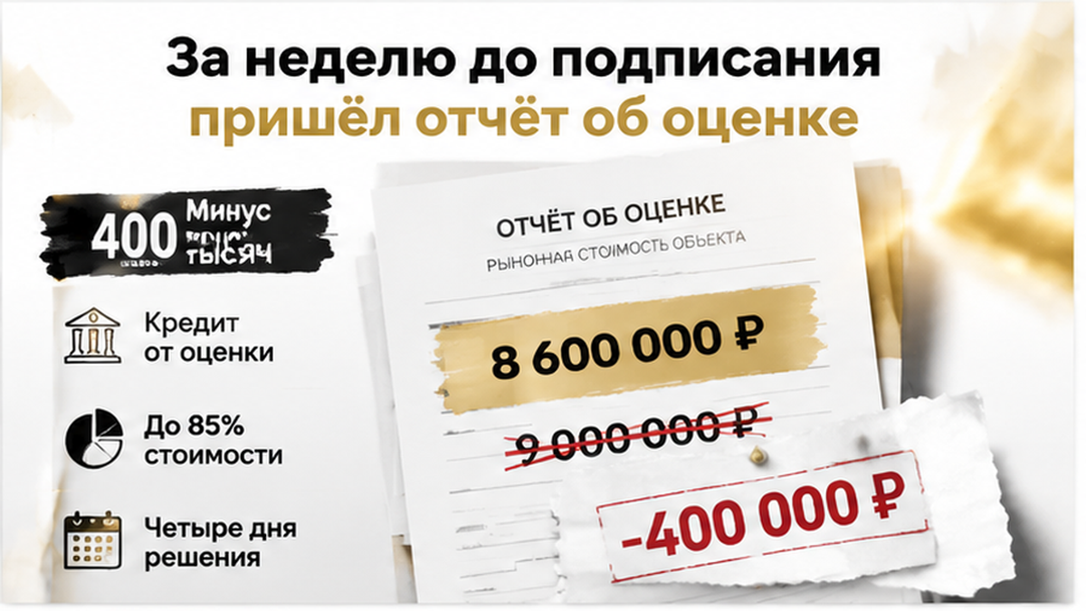 реалистичный кадр (без лица хоста) к разделу «За неделю до подписания пришёл отчёт об оценке» в Тюмени — иллюстрация к кейсу о сделке.