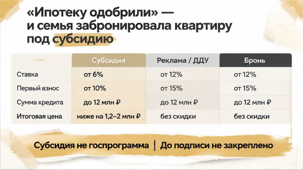 сравнительная таблица с колонками по новостройке в Тюмени: До подписи не закреплено, Субсидия ≠ ДДУ — иллюстрация к разбору сделки.