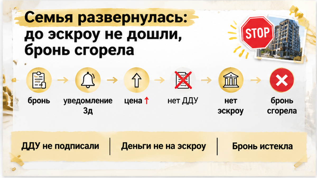 график / шкала сроков по новостройке в Тюмени: ДДУ не подписали, Деньги не на эскроу, Бронь истекла — иллюстрация к разбору сделки.