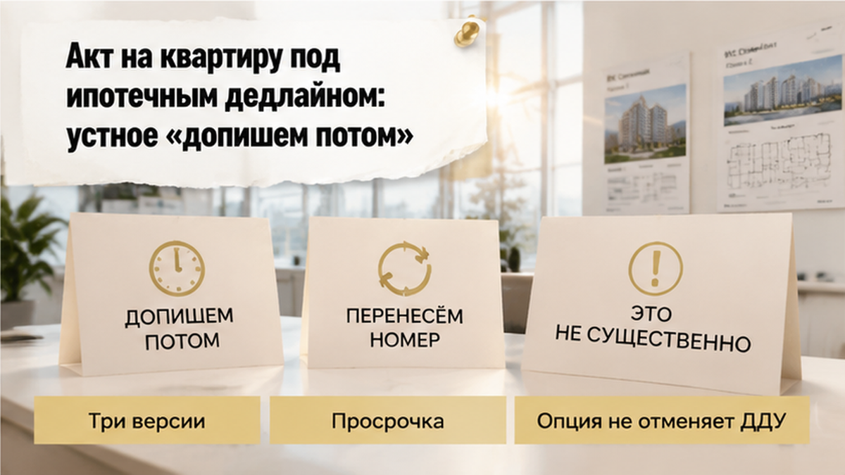реалистичный кадр (без лица хоста) к разделу «Акт на квартиру под ипотечным дедлайном: устное…» в Тюмени — иллюстрация к кейсу о сделке.