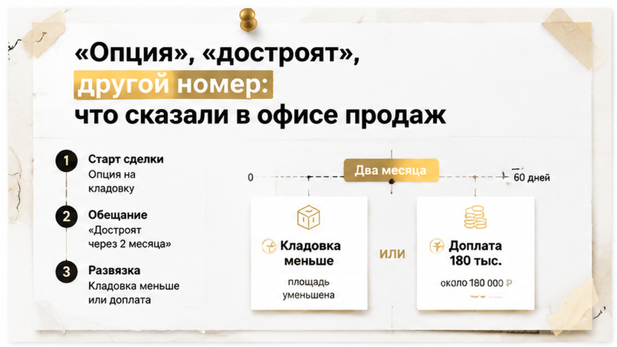 нумерованный процесс / таймлайн по новостройке в Тюмени: Два месяца, Кладовка меньше, Доплата 180 тыс — иллюстрация к разбору сделки.