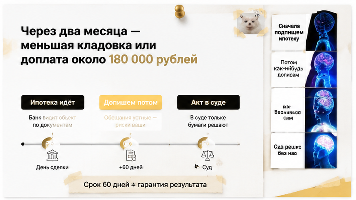 график / шкала сроков по новостройке в Тюмени: Ипотека идёт, Допишем потом, Акт в суде — иллюстрация к разбору сделки.