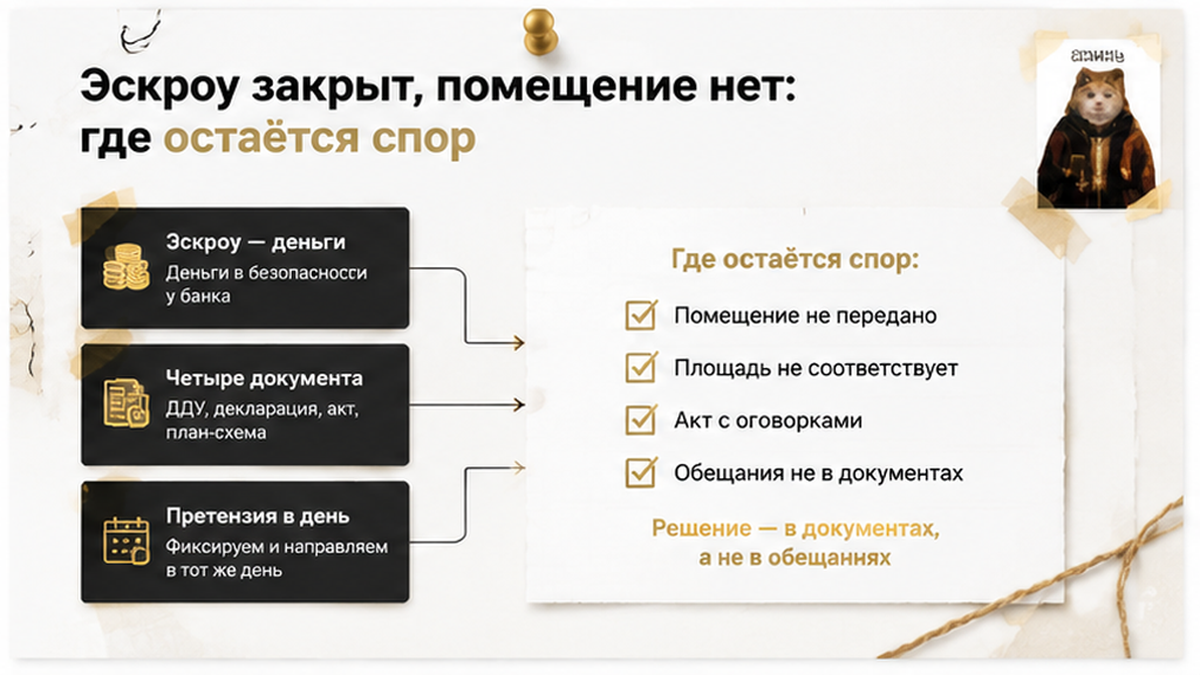 чеклист ошибок vs правильный путь по новостройке в Тюмени: Эскроу — деньги, Четыре документа, Претензия в день — иллюстрация к разбору…