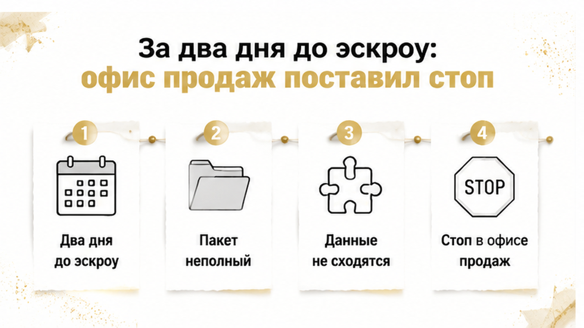 нумерованный процесс / таймлайн по новостройке в Тюмени: Два дня до эскроу, Пакет неполный, Данные не сходятся — иллюстрация к разбору…
