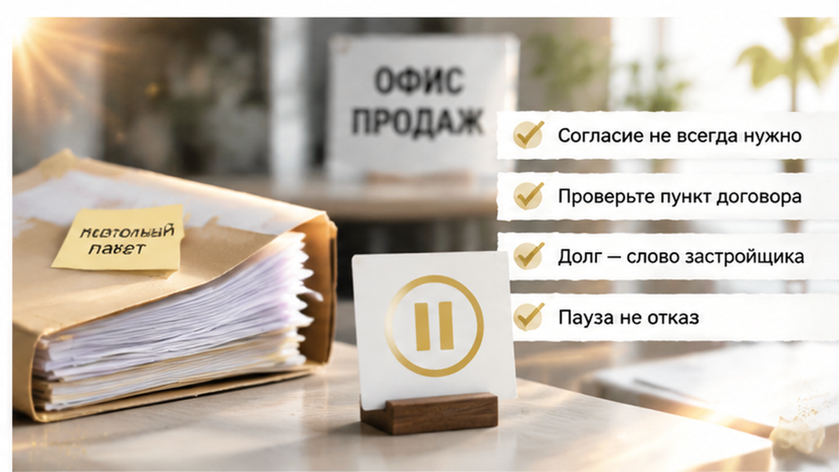 реалистичный кадр (без лица хоста) к разделу «За два дня до эскроу: офис продаж поставил стоп» в Тюмени — иллюстрация к кейсу о сделке.