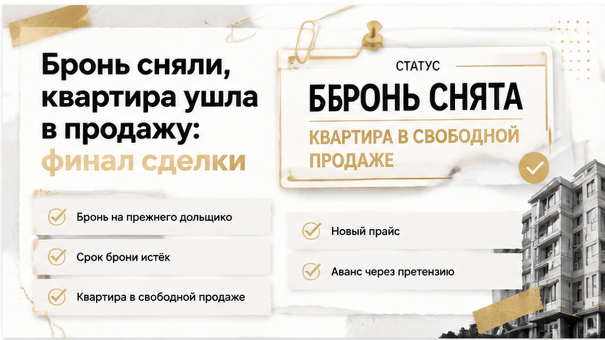 реалистичный кадр (без лица хоста) к разделу «Бронь сняли, квартира ушла в продажу: финал сде…» в Тюмени — иллюстрация к кейсу о сделке.