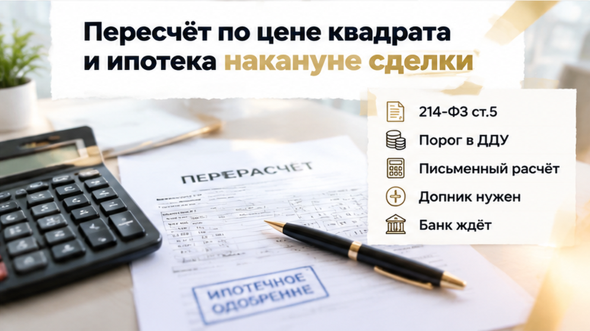 реалистичный кадр (без лица хоста) к разделу «Пересчёт по цене квадрата и ипотека накануне сд…» в Тюмени — иллюстрация к кейсу о сделке.