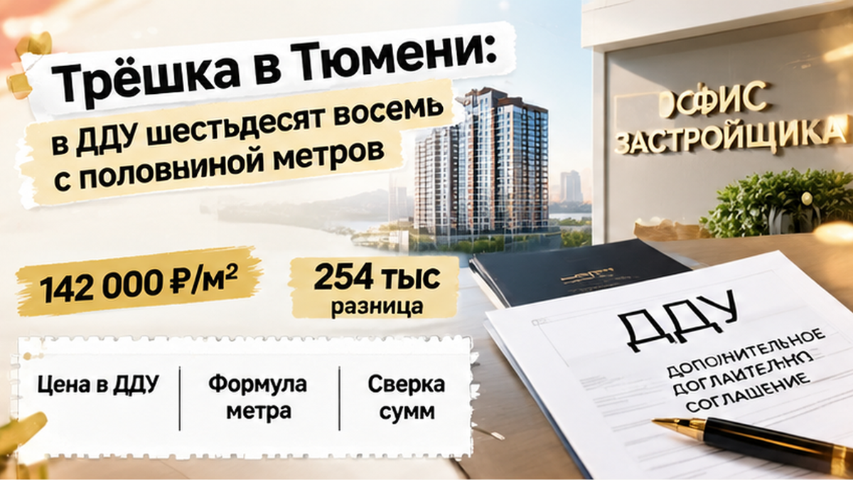 реалистичный кадр (без лица хоста) к разделу «Трёшка в Тюмени: в ДДУ шестьдесят восемь с поло…» в Тюмени — иллюстрация к кейсу о сделке.