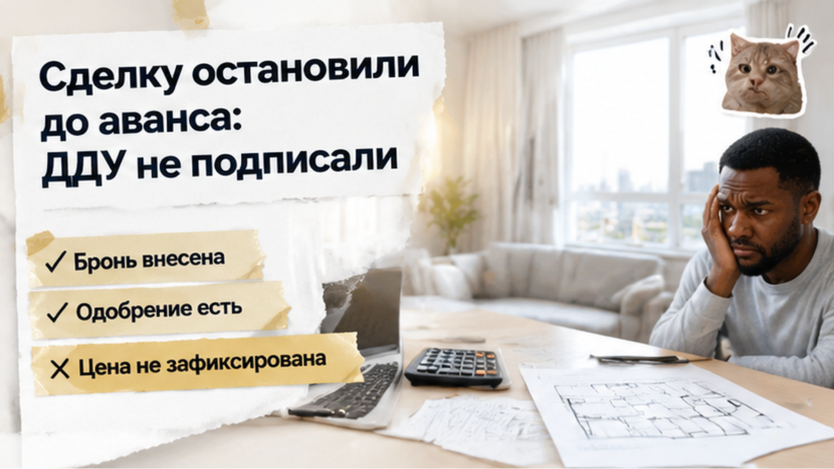 реалистичный кадр (без лица хоста) к разделу «Сделку остановили до аванса: ДДУ не подписали» в Тюмени — иллюстрация к кейсу о сделке.